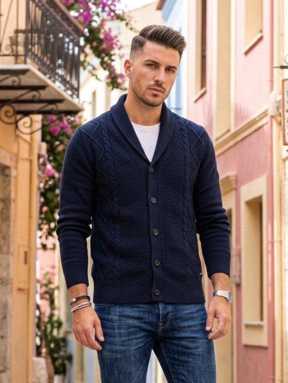 Strellson🇨🇭(orig $335)extrafine Merino Wool Navy Shawl-Collar Cable Cardi Sz M